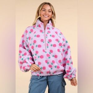 Cozy Printed Fleece Zip UP Top With Pockets in Pink NWOT